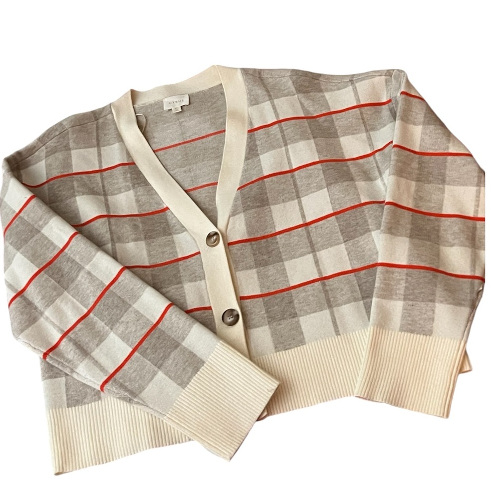Cyrus Women's XL Tan/Orange Plaid V-Neck Cardigan Sweater Long Sleeve